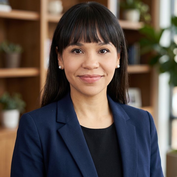 Paloma Renteria, director of Maxima Advisors, in a navy blazer in front of a bookshelf
